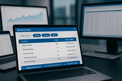 Unified back office dashboard mock: revenue book, per-location revenue, tickets and touchpoints