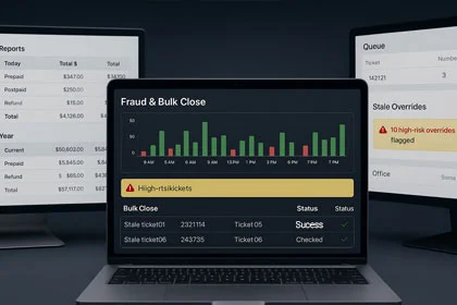 Fraud & Bulk Close dashboard mock: risk alerts, stale overrides, bulk close status